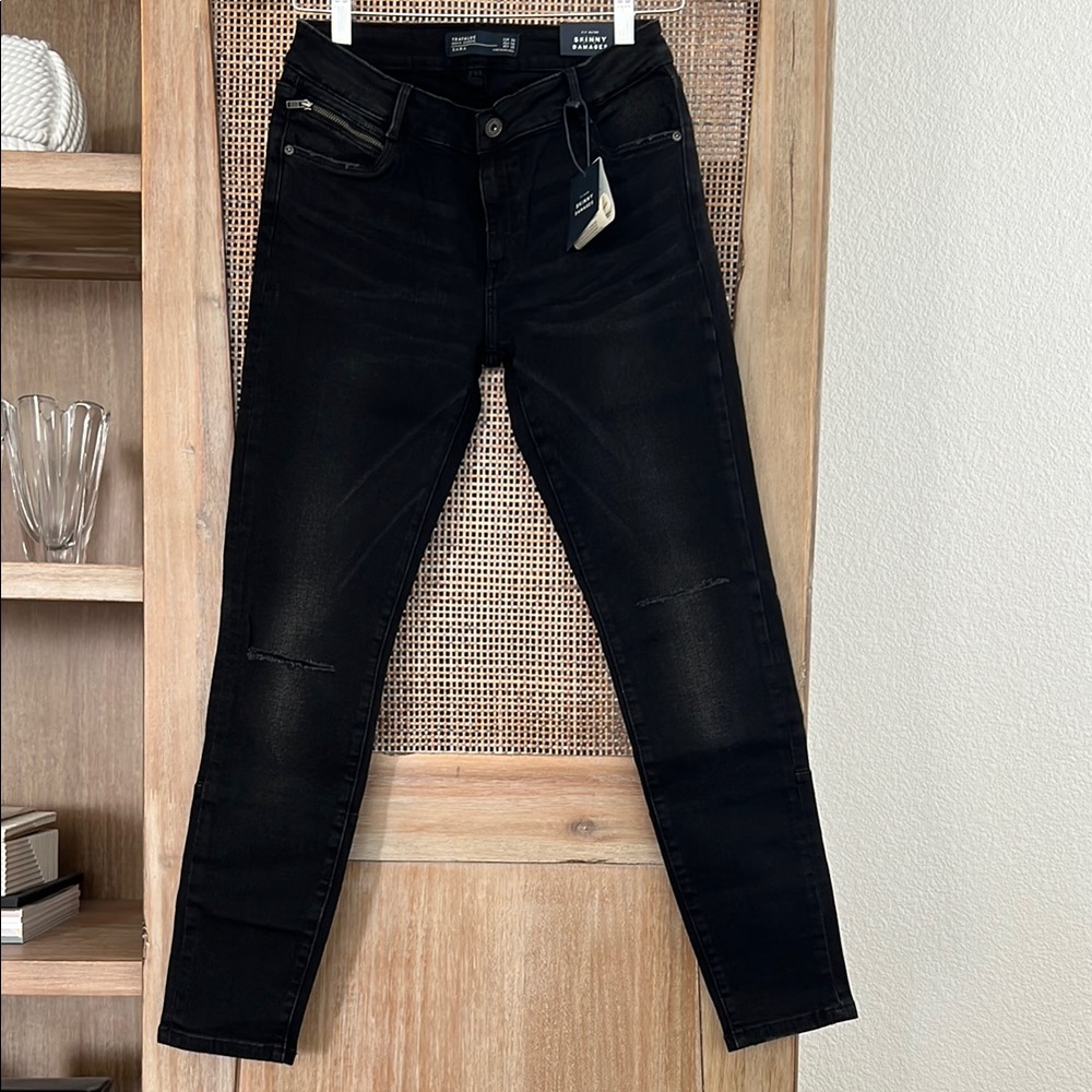 Zara Women's Moto Style Distressed Skinny Black Jeans